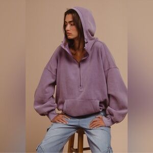 BiBi Stitch Detailed Hald Zip Elastic Hem Fleece Hoodie szL in Purple